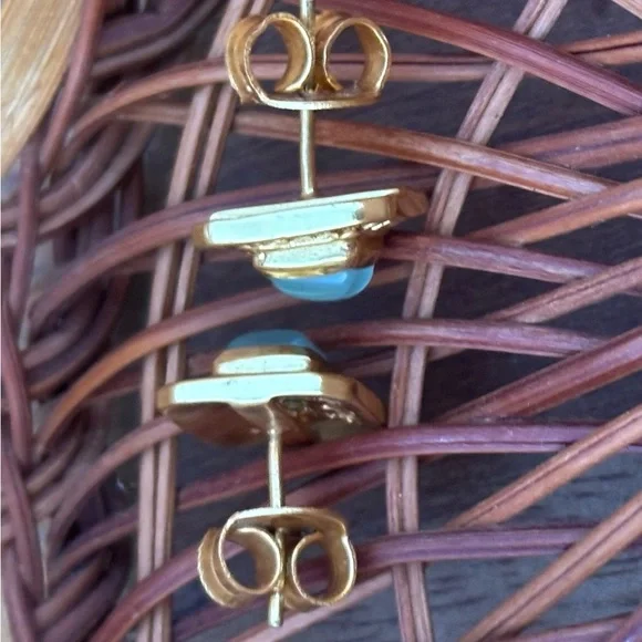 JULIE VOS Aquamarine Gemstone and Gold Square Earrings with Greek Key Design - Picture 4 of 5